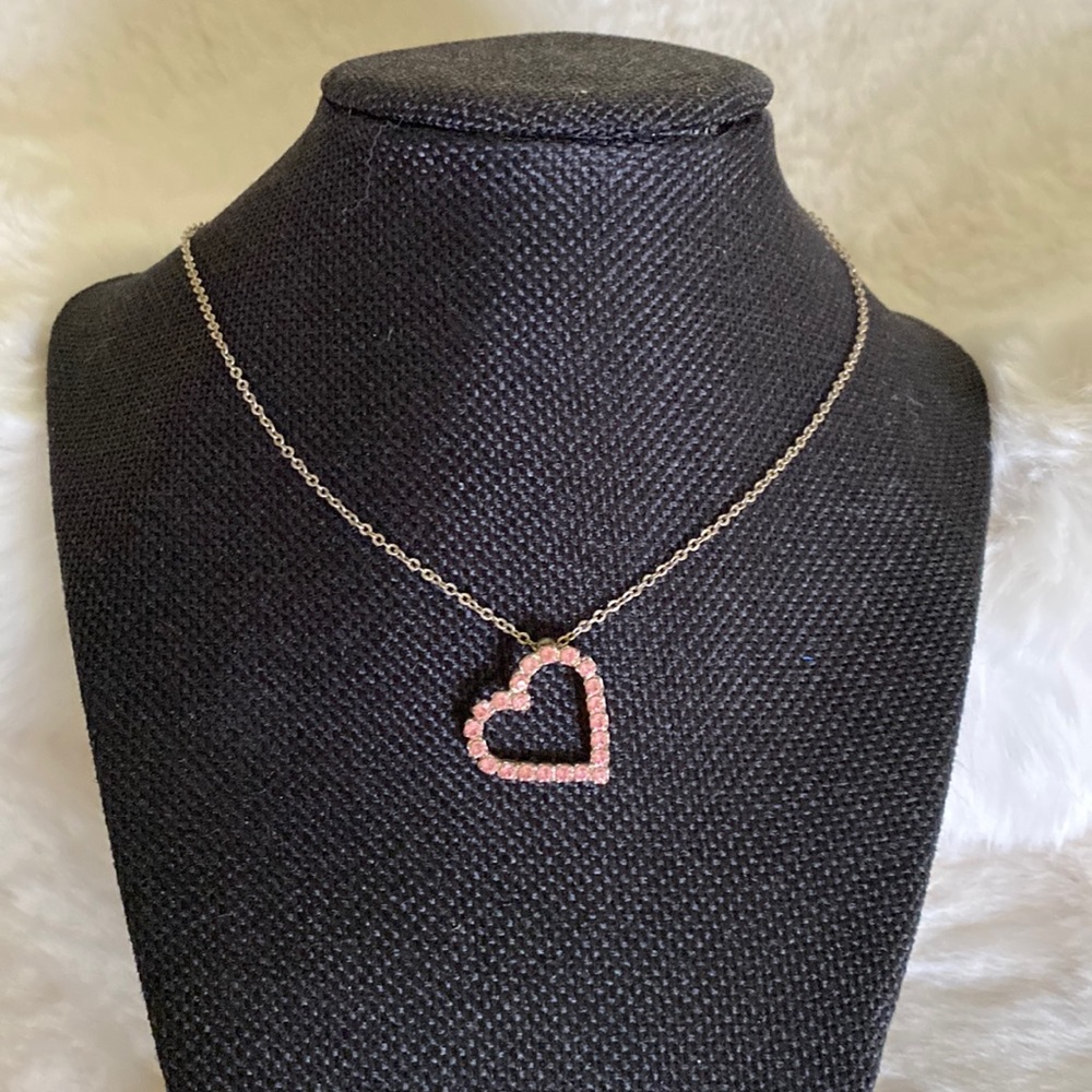 Pink Crystal Rhinestone Heart Shaped Pendant Necklace ❤️ hangs diagonally